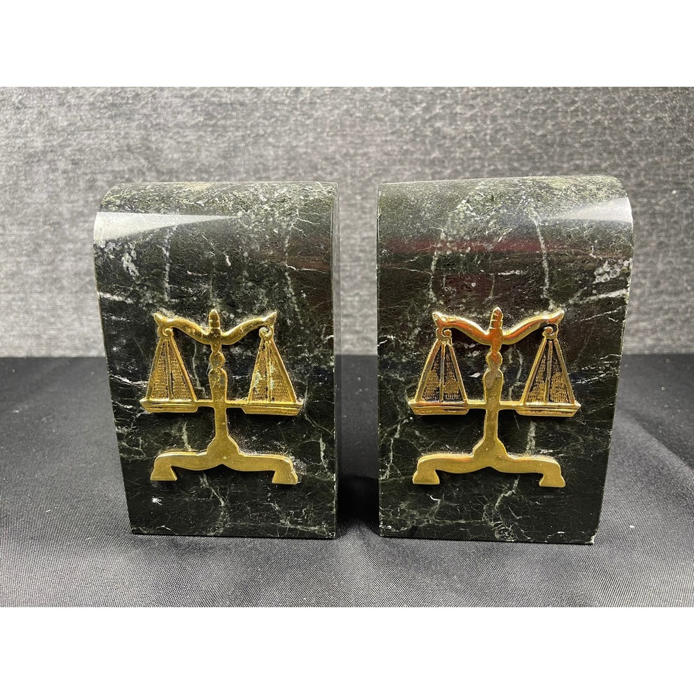 Bey-Berk Green‎ Marble Scales of Justice Bookends Vintage Law Office Decor Set